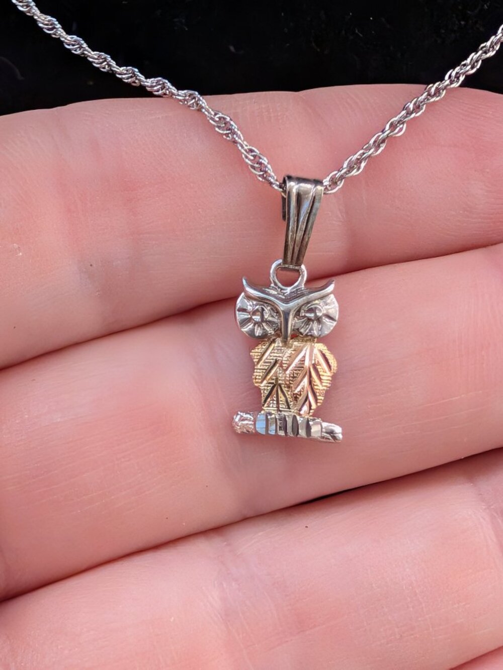 Vintage stamped RGC Black Hills Gold over 925 Sterling Silver Owl Necklace